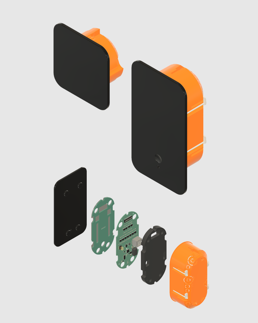 Explosionsdarstellung einer Wallbox-Elektronik mit Gehäuse und Platine